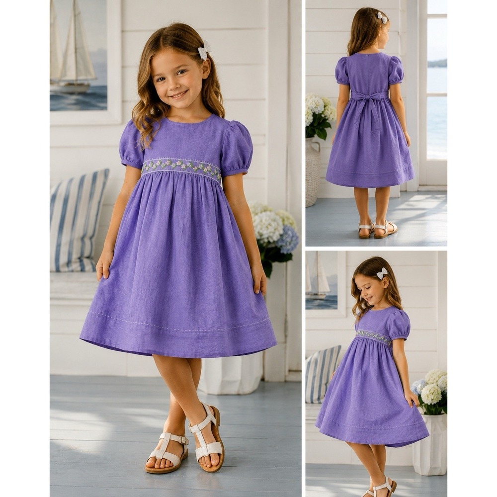 Angels Kids Dress 5 Purple Linen Empire Waist Embroidery Costal Occasions